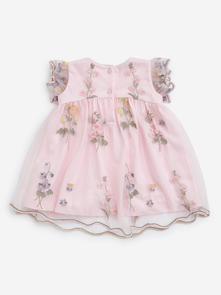 westisde HOP Baby Girls' Pink Floral Design A-Line Dress for Party Wear Back View