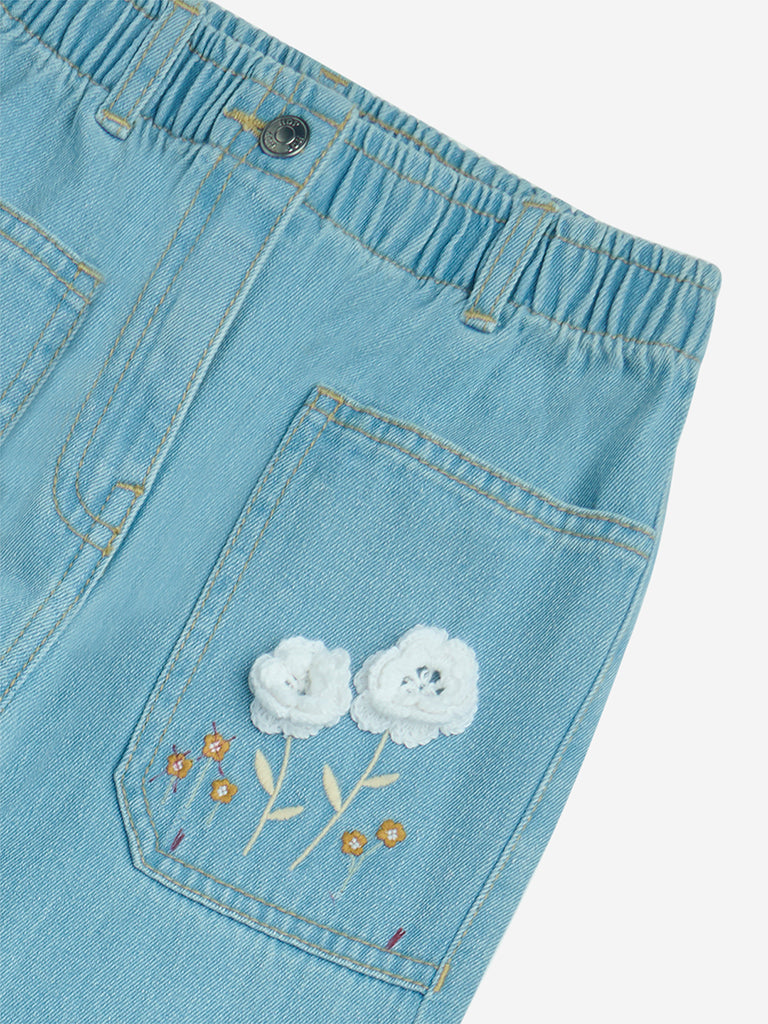 HOP Kids Light Blue Floral Design Relaxed - Fit High - Rise Jeans