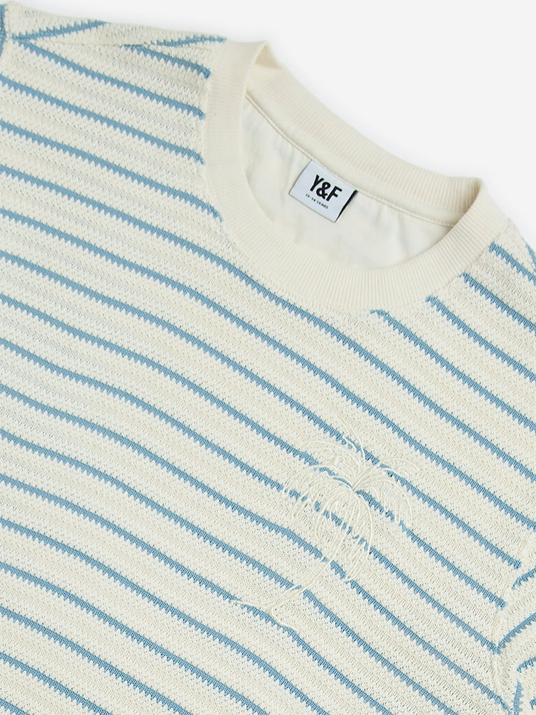 Westside Y&F Boys' Kids Blue Stripe Printed Knitted T-Shirt for Casual Wear Zoom View