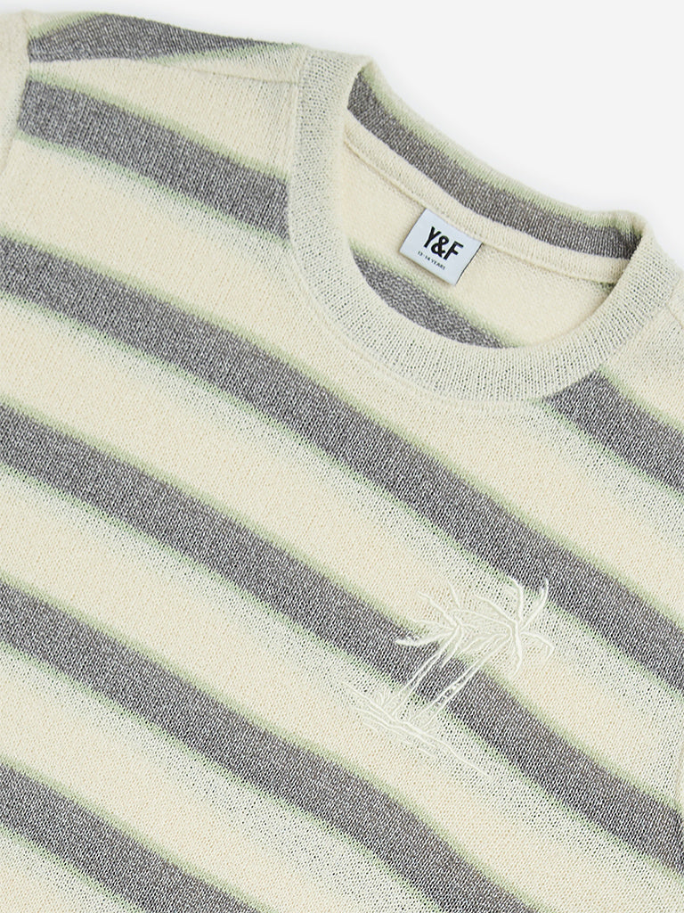 Westside Y&F Boys' Kids Off-White Striped Cotton-Blend T-Shirt for Casual Wear Zoom View