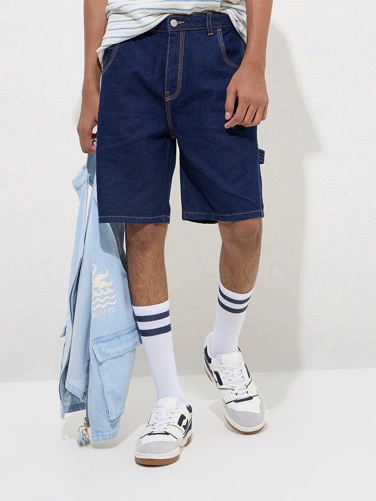 Westside Y&F Boys' Kids Navy Mid-Rise Denim Shorts for Casual Wear Model Front View