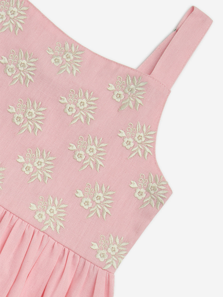Utsa Kids Pink Embroidered Cotton-Blend A-Line Dress - (2-8yrs)