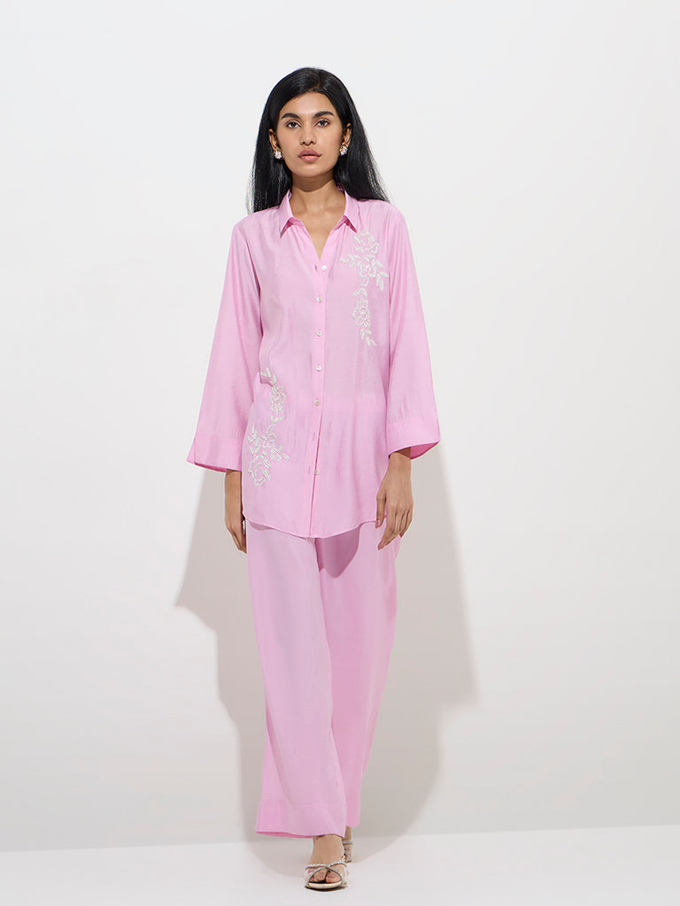 Vark Light Pink Floral Embellished Tunic with Pants Set