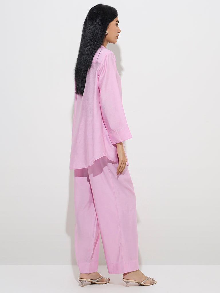 westisde Vark Women's Light Pink Floral Embellished Tunic with Pants Set for Festive Wear Back View