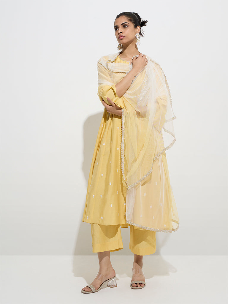Vark Yellow Embroidered Kurta, Palazzos and Dupatta Set