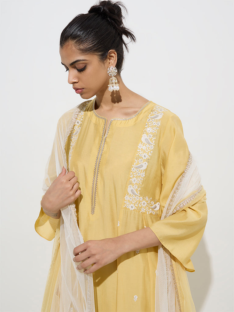 Vark Yellow Embroidered Kurta, Palazzos and Dupatta Set