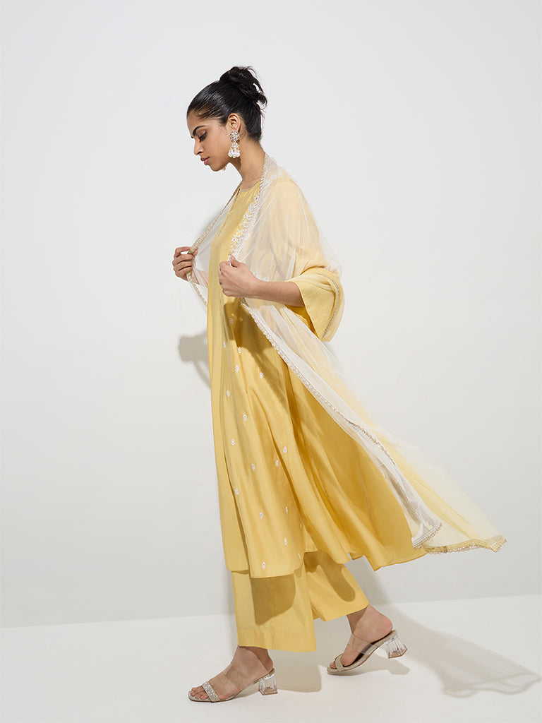 Vark Yellow Embroidered Kurta, Palazzos and Dupatta Set
