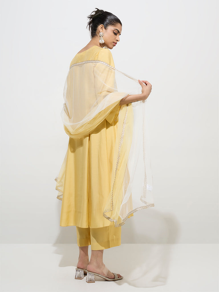 Vark Yellow Embroidered Kurta, Palazzos and Dupatta Set
