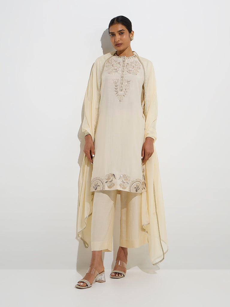 Vark Beige Floral Straight Kurta, Palazzos and Dupatta Set