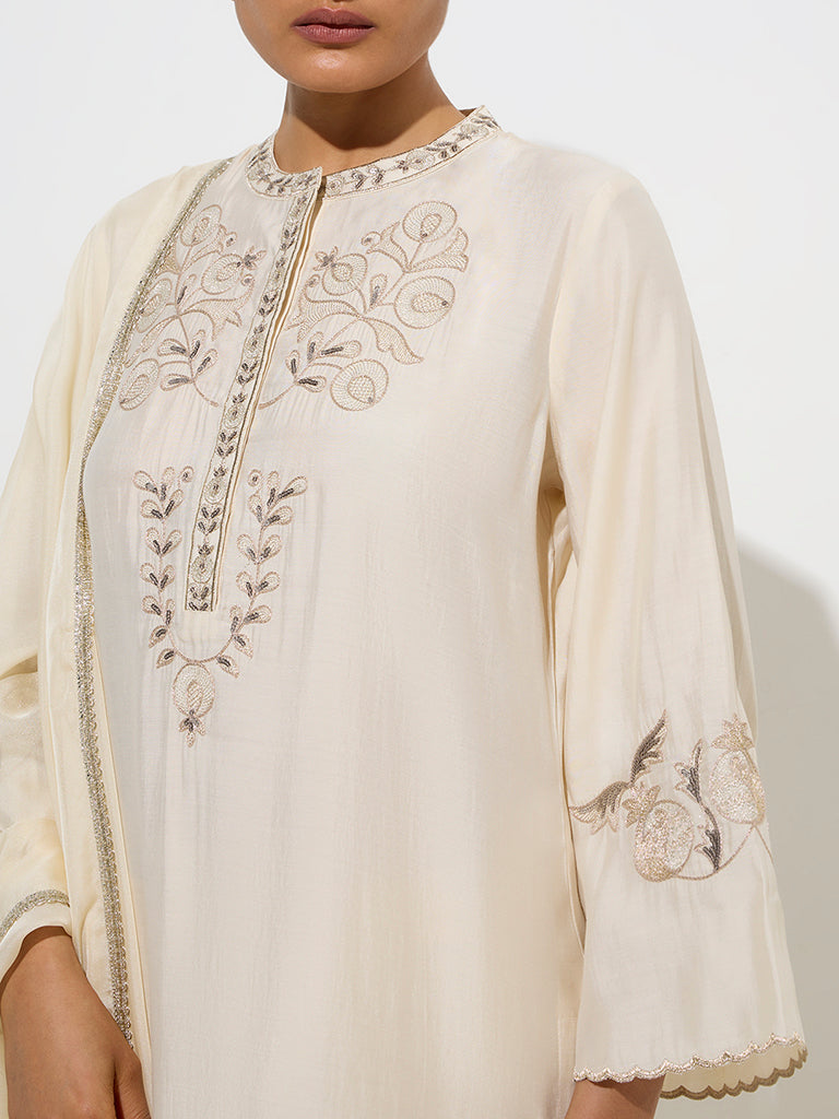 Vark Beige Floral Straight Kurta, Palazzos and Dupatta Set