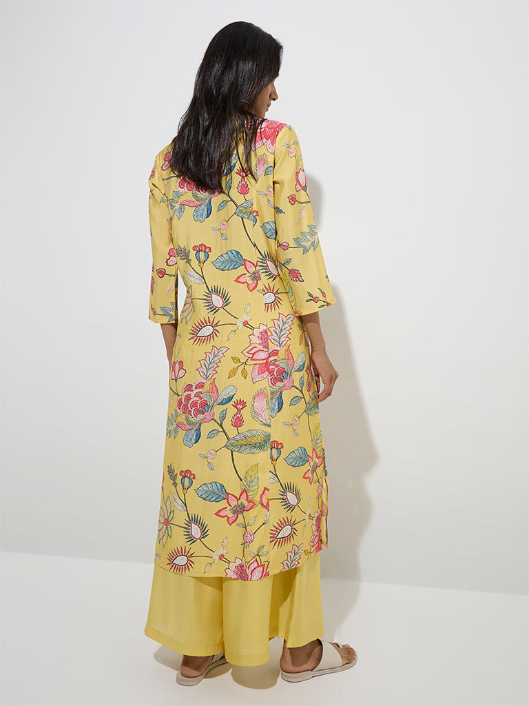 Westside Utsa Women's Yellow Floral Design A-Line Kurta for Work Wear Back View