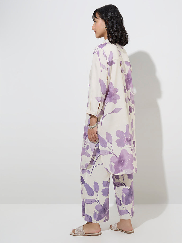 Westside Utsa Women's Purple Floral Design A-Line Kurta for Work Wear Back View