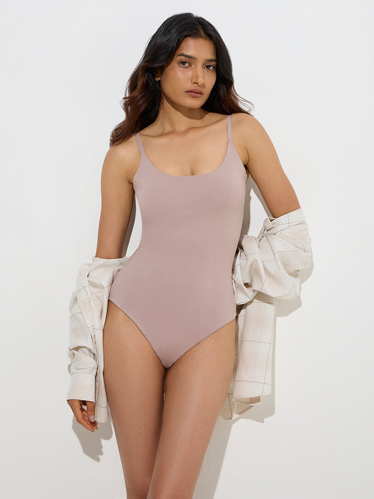 westisde Wunderlove Women's Beige One-Size Cotton-Blend Bodysuit for Casual Wear Full Model View