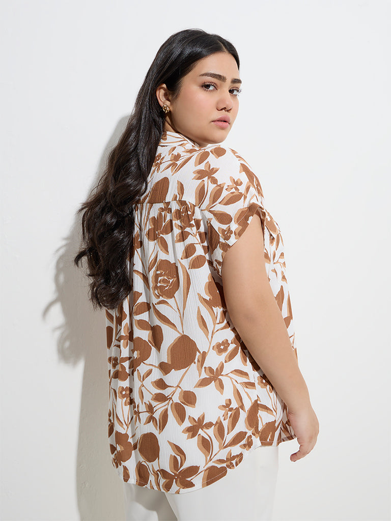 Westside Gia Women's Brown Floral Printed Cotton Shirt for Casual Wear Back View