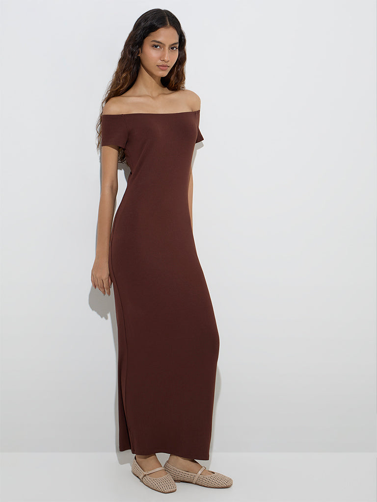 Nuon Brown Ribbed-Textured Off-Shoulder Dress
