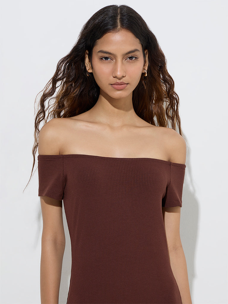 Nuon Brown Ribbed-Textured Off-Shoulder Dress