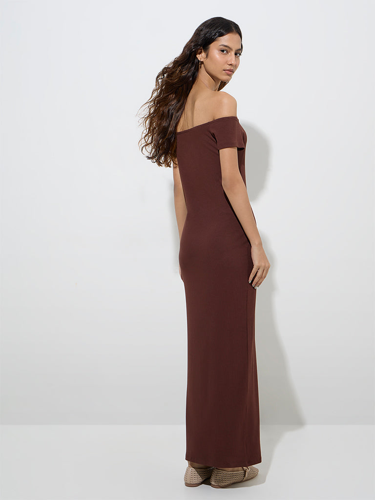 Nuon Brown Ribbed-Textured Off-Shoulder Dress
