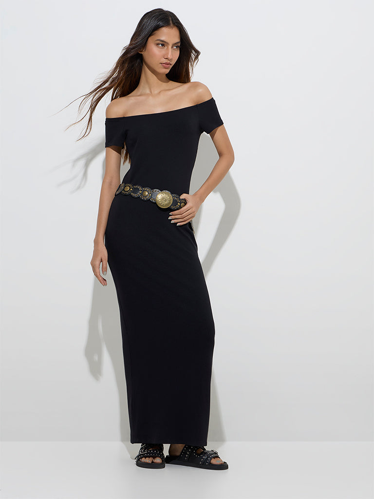 Nuon Black Ribbed-Textured Off-Shoulder Dress