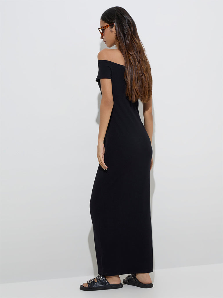 Nuon Black Ribbed-Textured Off-Shoulder Dress