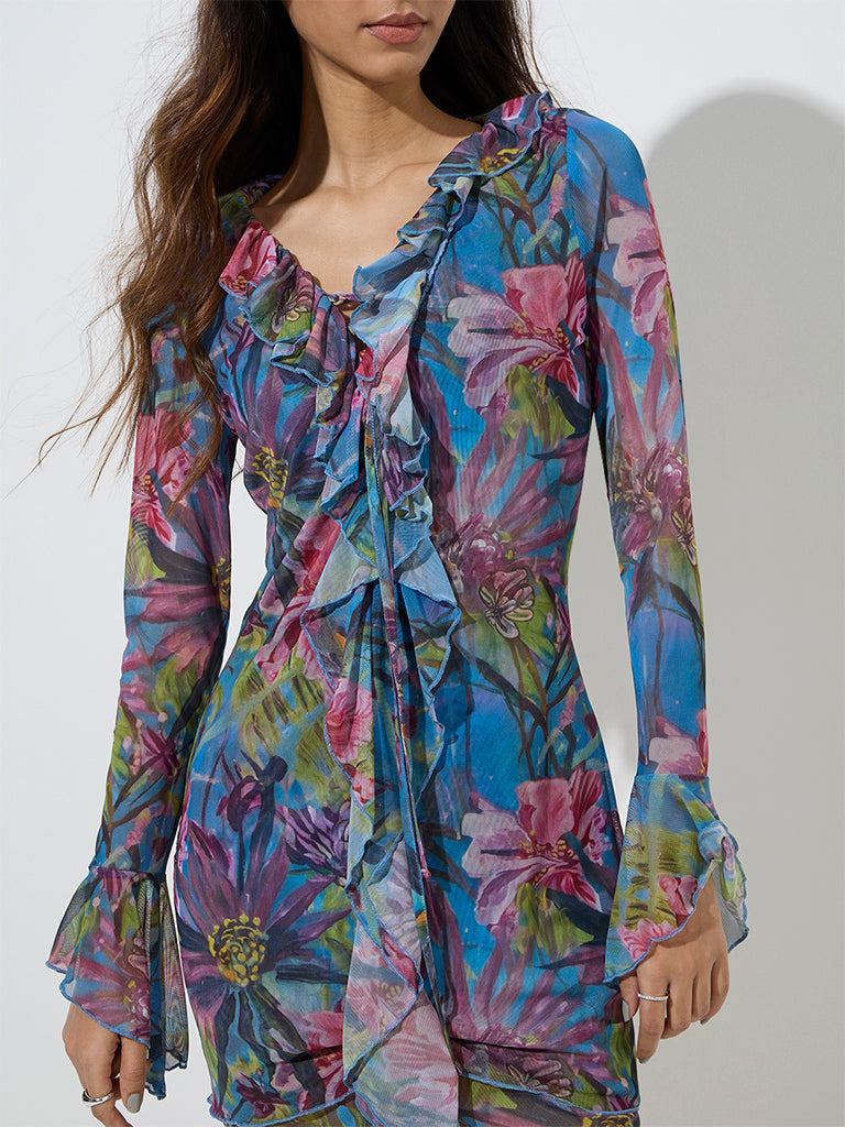 Nuon Teal Floral Design Bodycon Dress