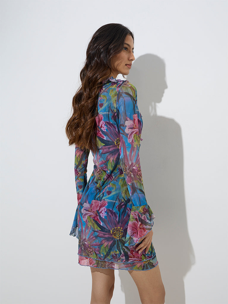 Westside Nuon Women's Teal Floral Design Bodycon Dress for Casual Wear Back View