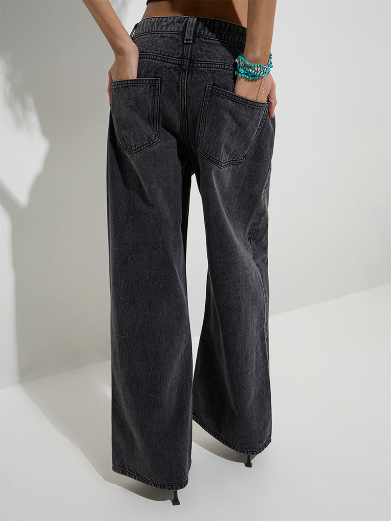 westisde Nuon Women's Charcoal Flared Relaxed-Fit Mid-Rise Jeans for Casual Wear Back View