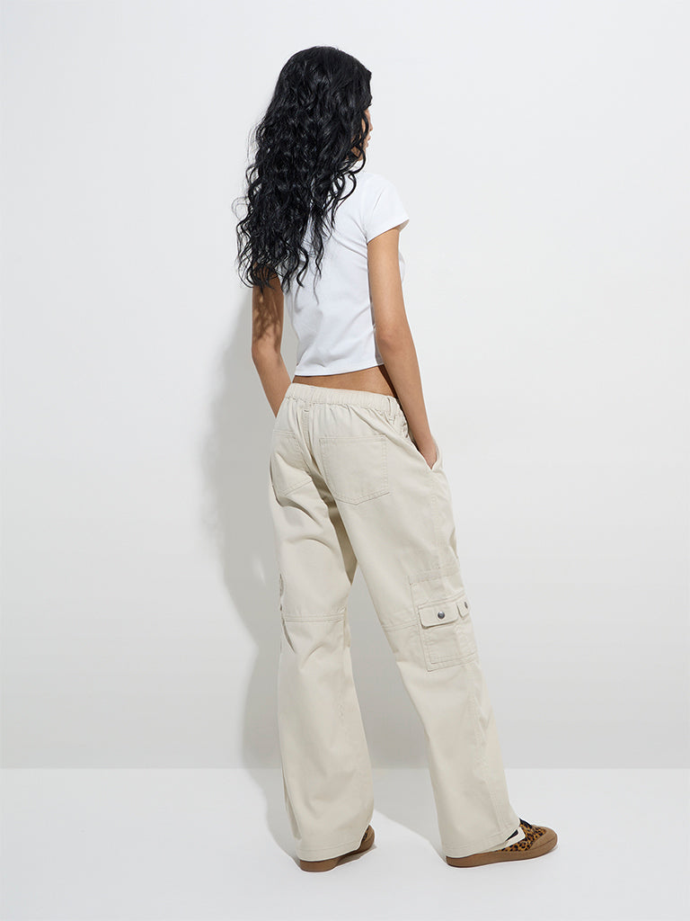 Nuon Beige Cargo-Style Mid-Rise Cotton Pants