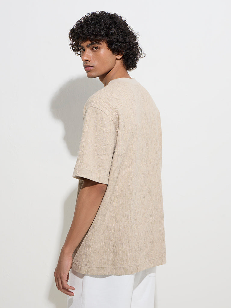 Westside Studiofit Men's Beige Textured Relaxed-Fit Cotton-Blend T-Shirt for Sports Wear Back View