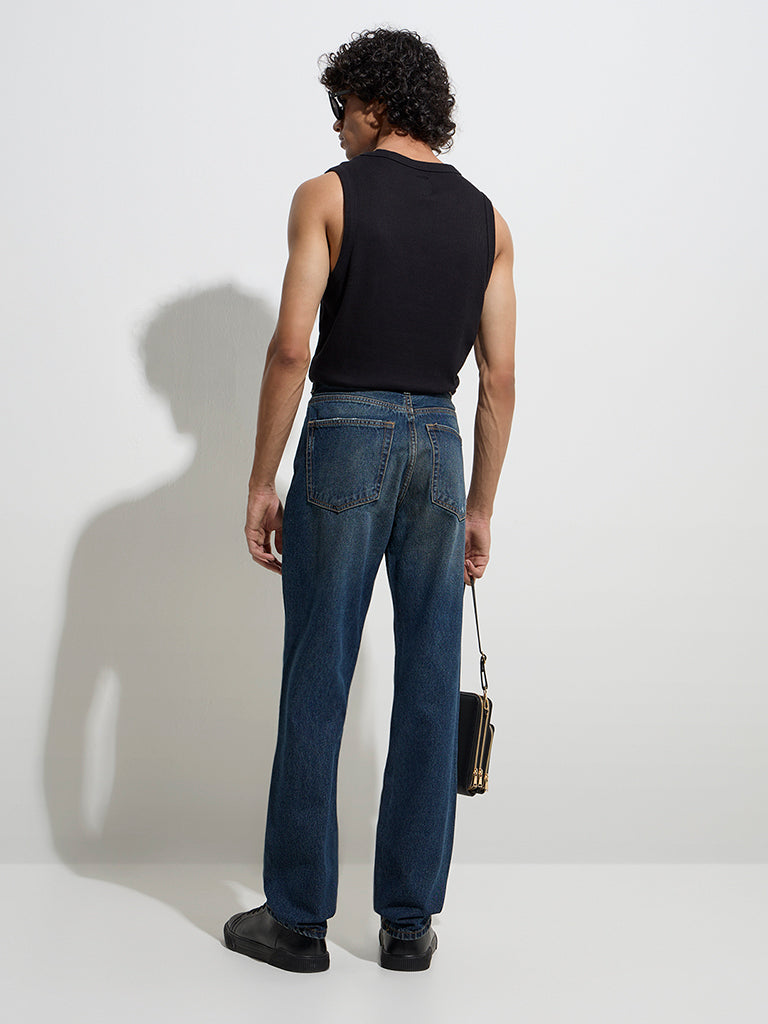 Westside Nuon Men's Dark Blue Distressed Relaxed-Fit Mid-Rise Jeans for Casual Wear Back View