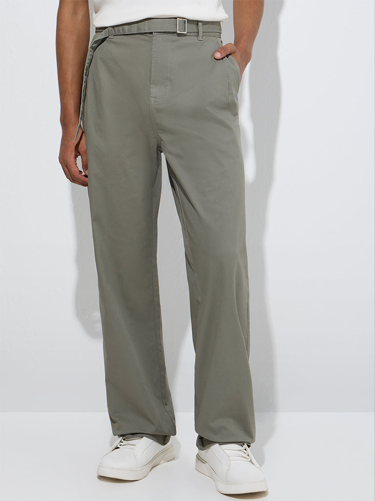 Nuon Light Olive Relaxed-Fit Cotton-Blend Chinos with Belt