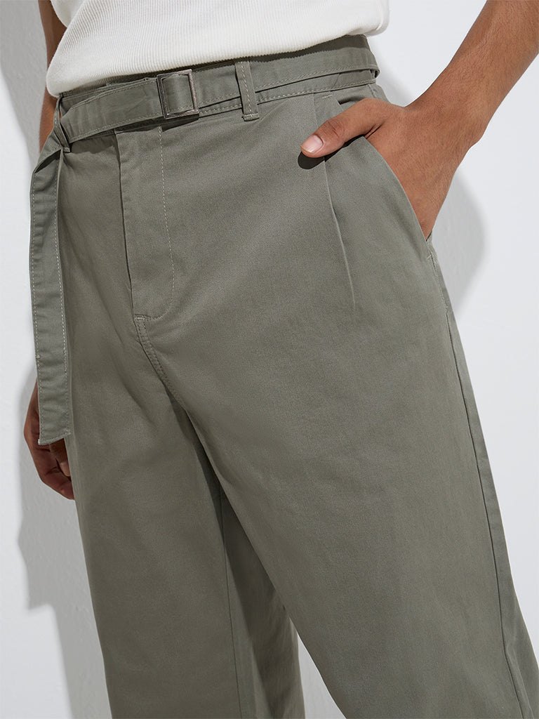 Nuon Light Olive Relaxed-Fit Cotton-Blend Chinos with Belt