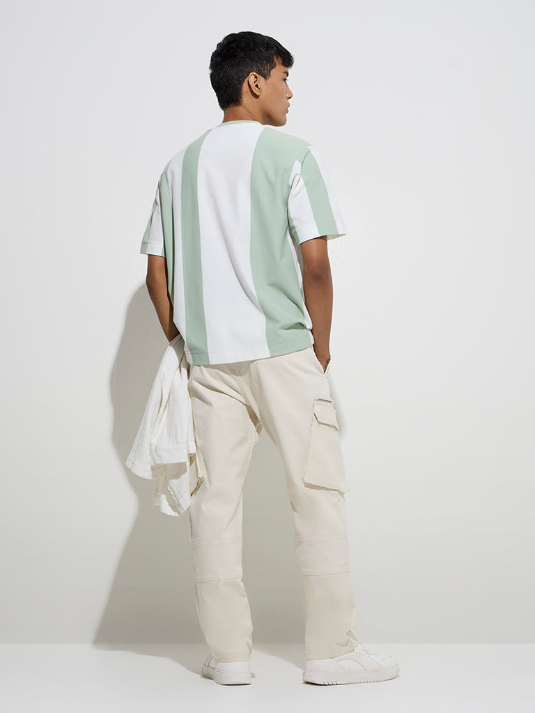 Westside Nuon Men's Off-White Relaxed-Fit Mid-Rise Cotton-Blend Pants for Casual Wear Back View