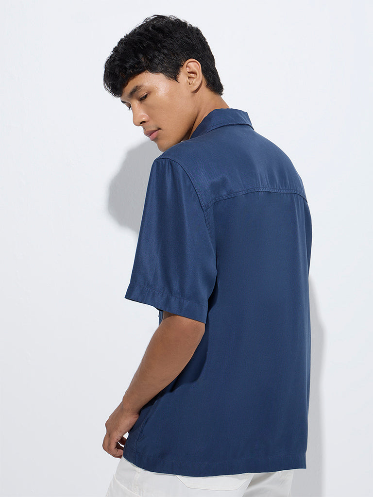 westisde Nuon Men's Indigo Solid Relaxed-Fit Cotton Shirt for Casual Wear Back View