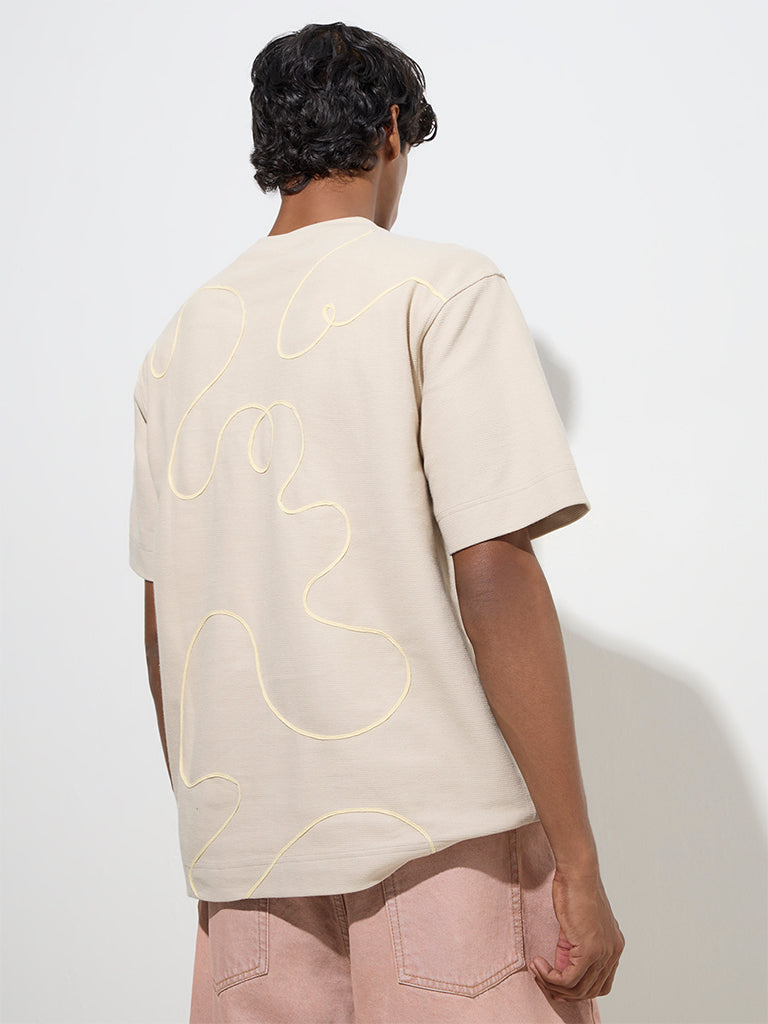 Westside Nuon Men's Beige Abstract Design Relaxed-Fit Cotton T-Shirt for Casual Wear Back View