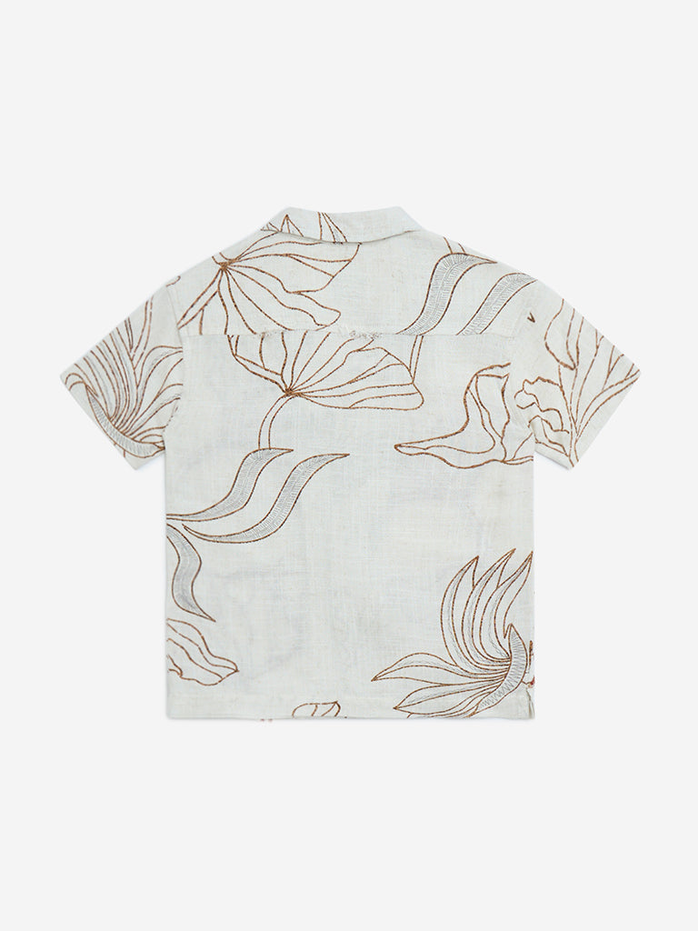 HOP Kids Beige Botanical Design Cotton Shirt