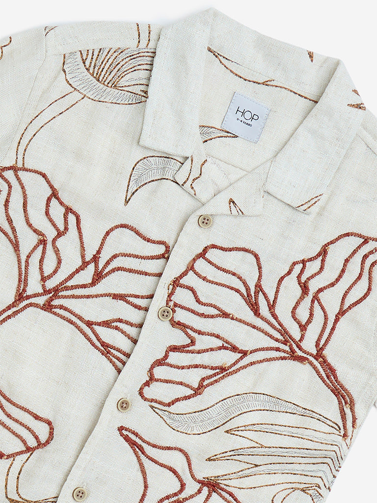 HOP Kids Beige Botanical Design Cotton Shirt