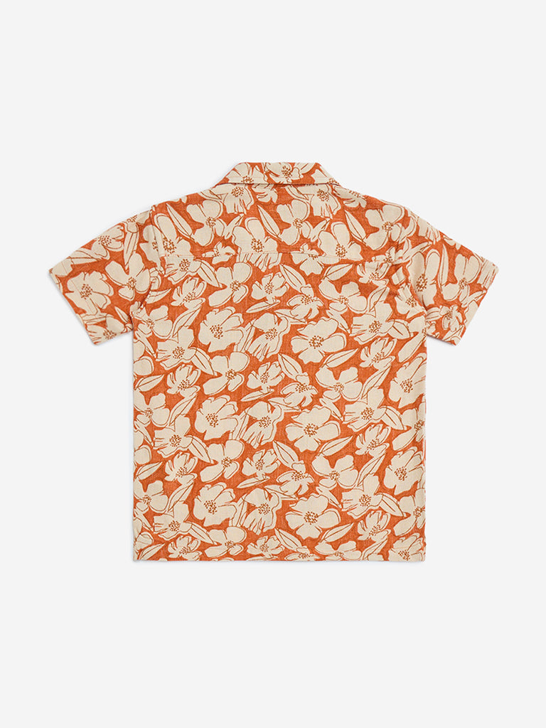 HOP Kids Orange Floral Printed Cotton Shirt