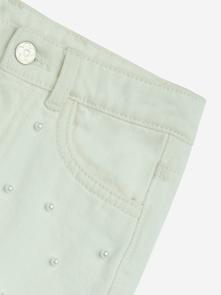 Westside HOP Girls' Kids Off-White Pearlescent High-Rise Denim Shorts for Casual Wear Zoom View