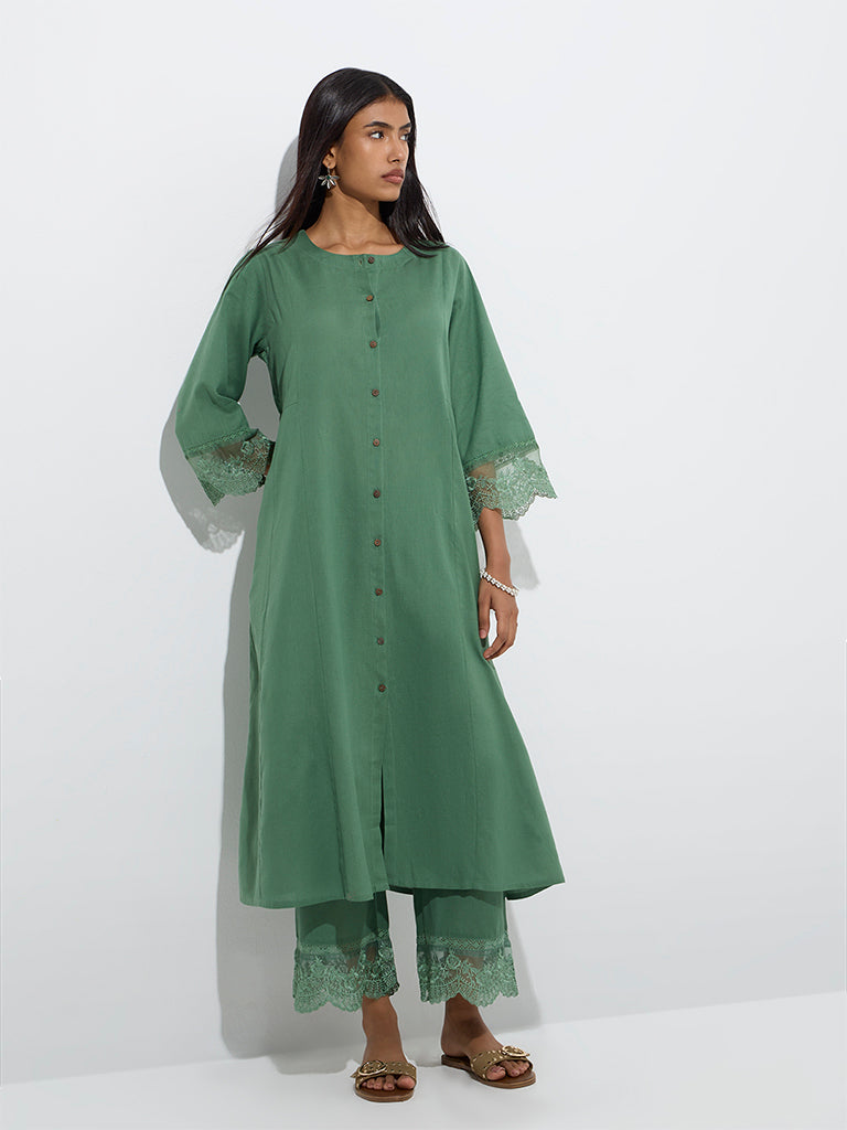 Buy Utsa Green Lace Detailed Cotton-Blend A-Line Kurta from Westside