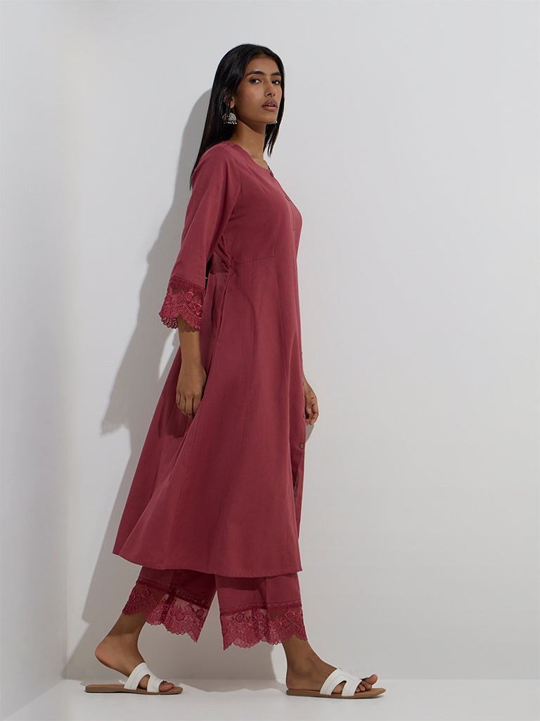 Utsa Maroon Organza-Detailed A-Line Kurta