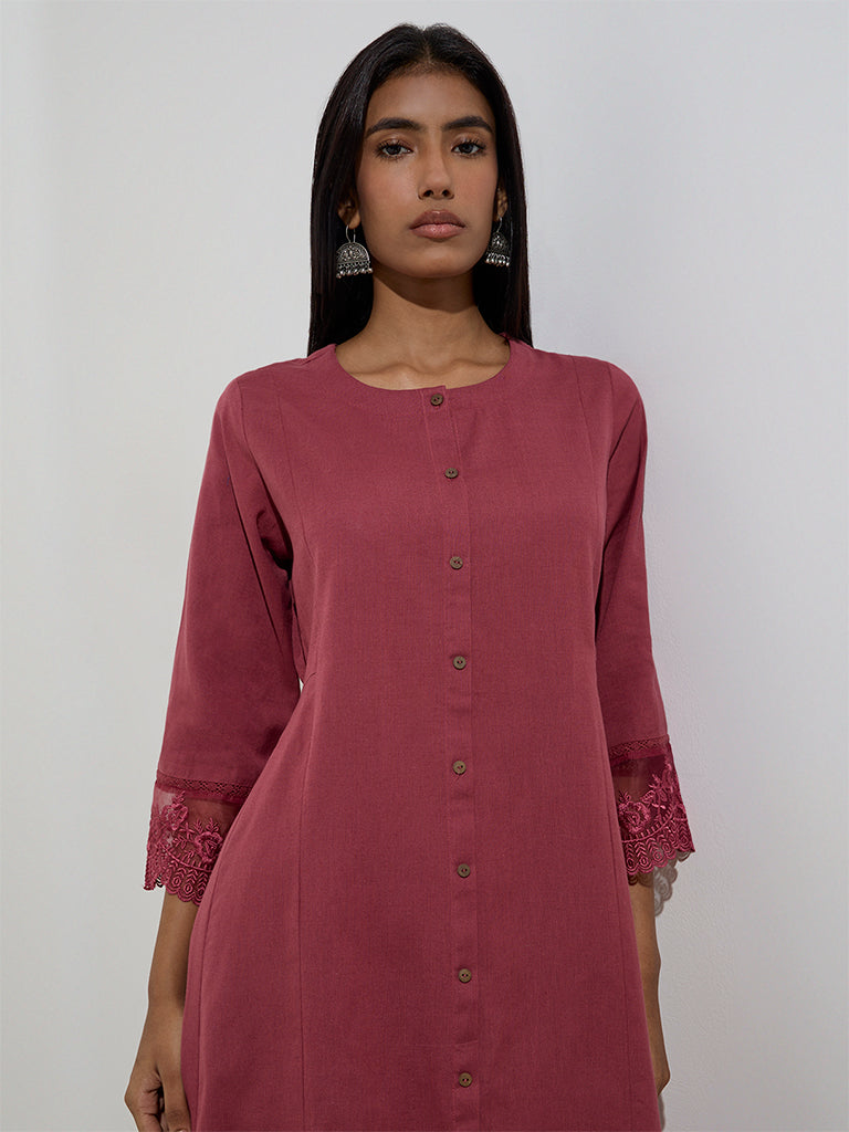 Utsa Maroon Organza-Detailed A-Line Kurta