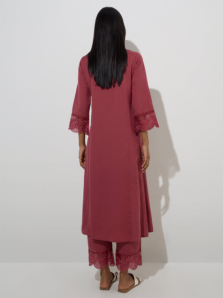 westisde Utsa Women's Maroon Organza-Detailed A-Line Kurta for Work Wear Back View