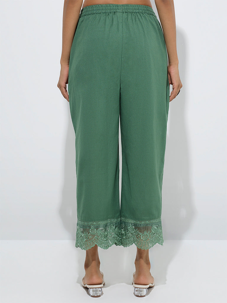 westisde Utsa Women's Green Floral Lace Detailed Cotton-Blend Ethnic Pants for Work Wear Back View
