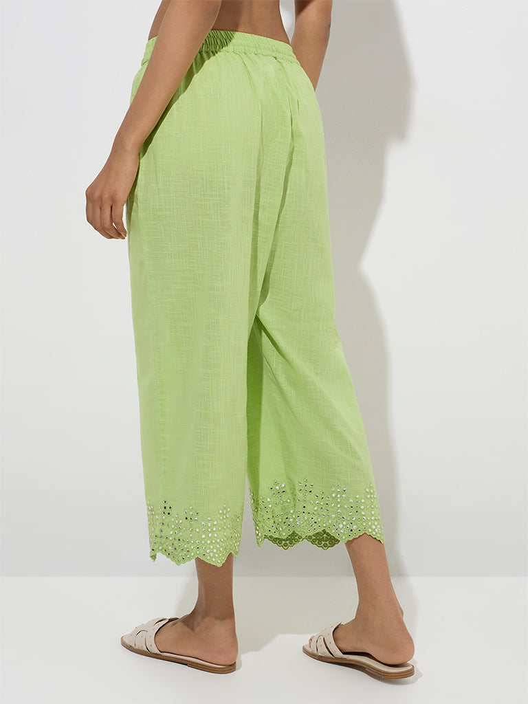 Westside Utsa Women's Green Mirror Detail Ethnic Cotton Pants for Work Wear Back View