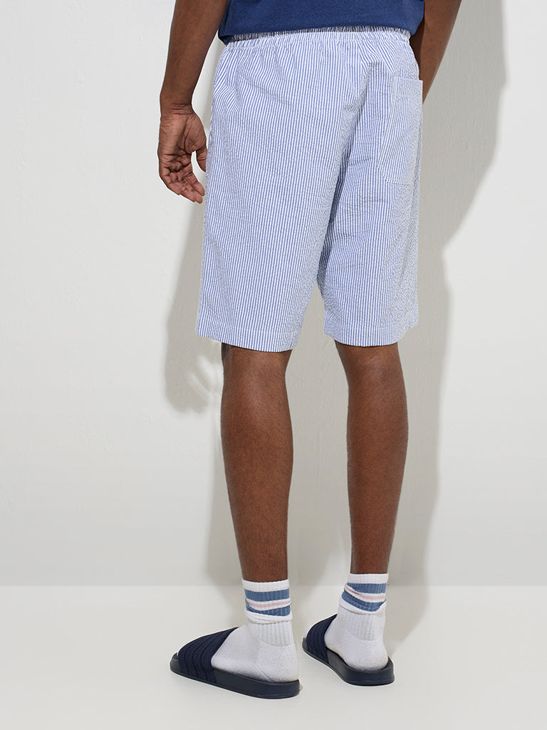 westisde WES Lounge Men's Blue Relaxed-Fit Mid-Rise Cotton-Blend Shorts for Casual Wear Back View