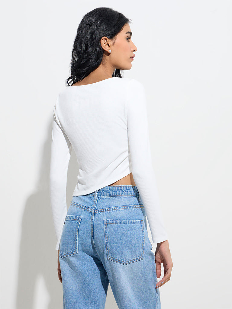 Westside Nuon Women's White Ribbed Asymmetrical Top for Casual Wear Back View