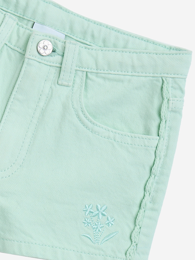 westisde HOP Girls' Kids Mint High-Rise Denim Shorts for Casual Wear Zoom View
