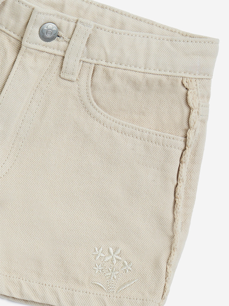 westisde HOP Girls' Kids Beige High-Rise Denim Shorts for Casual Wear Zoom View
