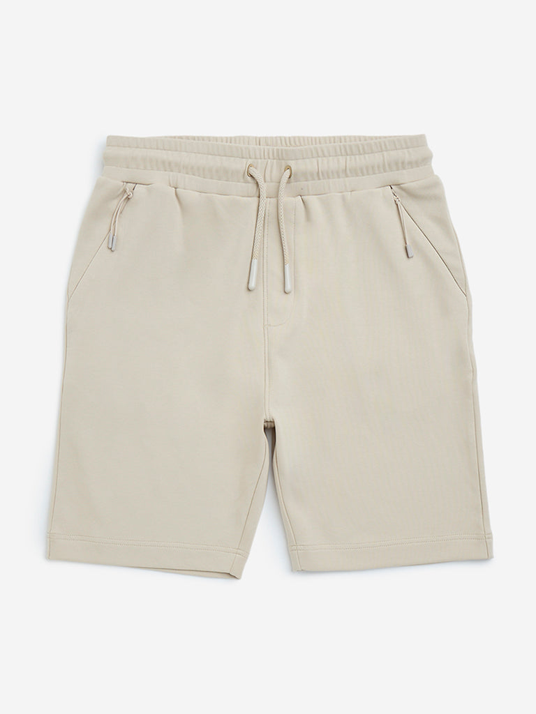 Y&F Kids Beige Relaxed-Fit Mid-Rise Cotton-Blend Shorts