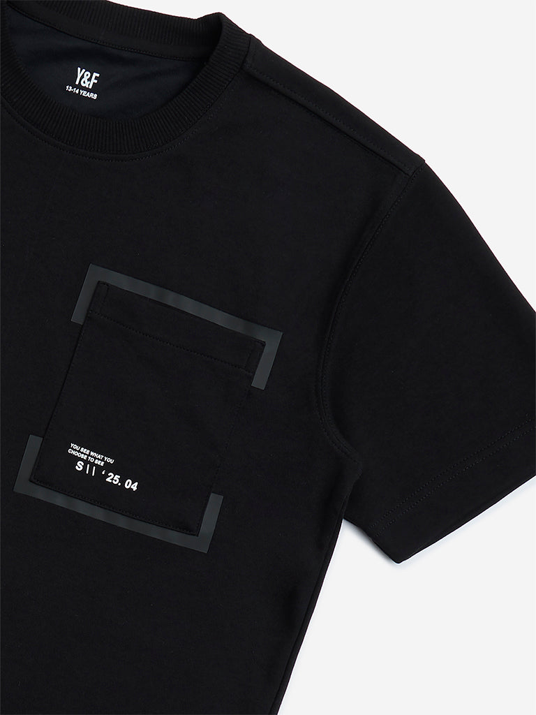 westisde Y&F Boys' Kids Black Text Design Relaxed-Fit Cotton T-Shirt for Casual Wear Zoom View